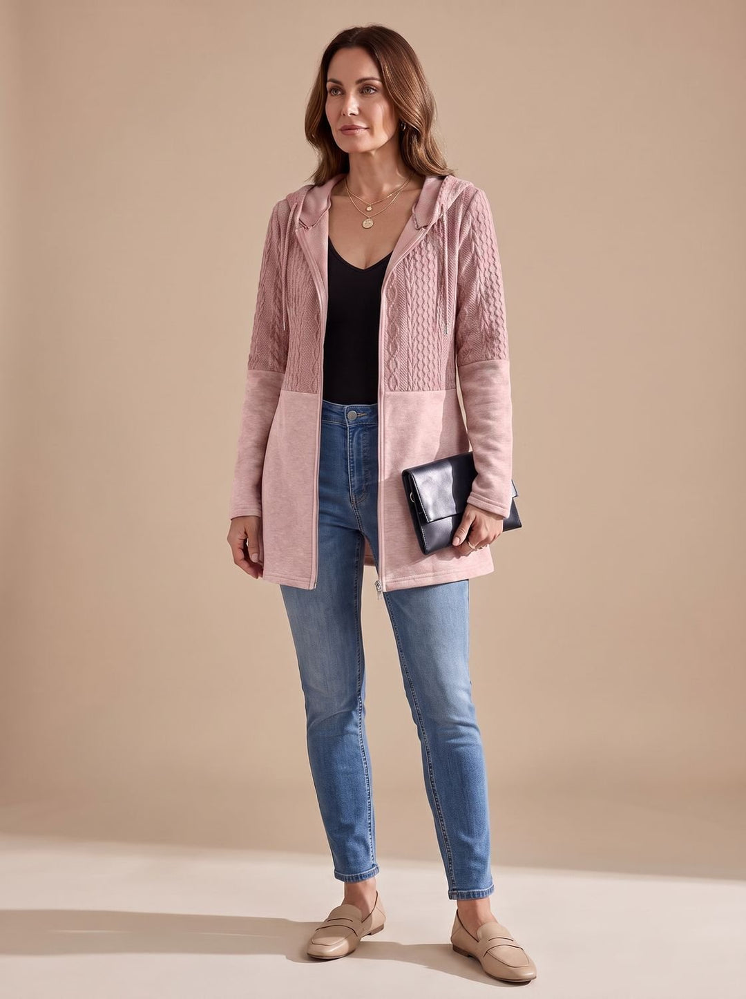 Women's Cable-Knit Panel Hooded Full-Zip Longline Coat - Pink