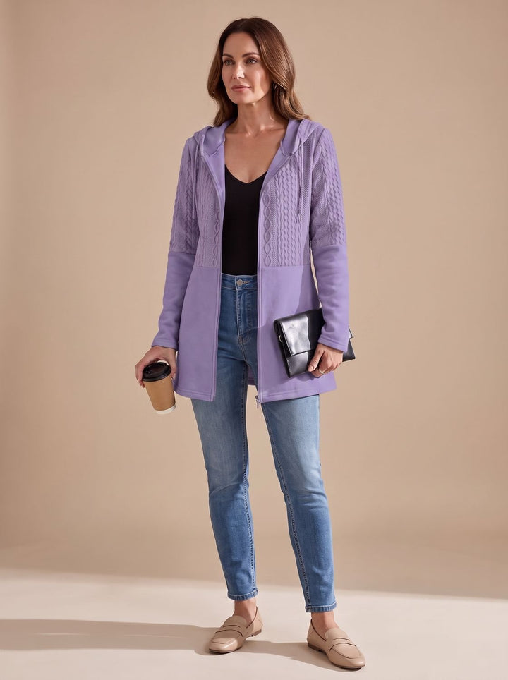 Women's Cable-Knit Panel Hooded Full-Zip Longline Coat - Purple