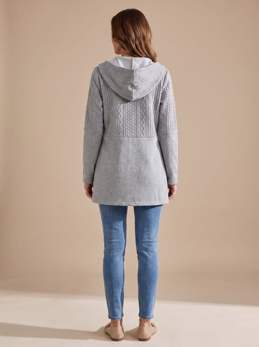 Women's Cable-Knit Panel Hooded Full-Zip Longline Coat