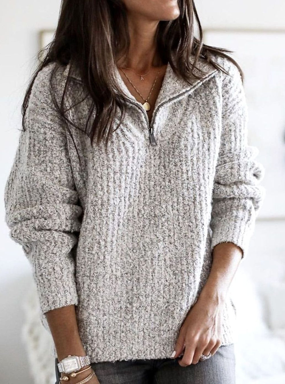 Women's Cable-Knit Quarter-Zip Pullover Ribbed Sweater - Grey