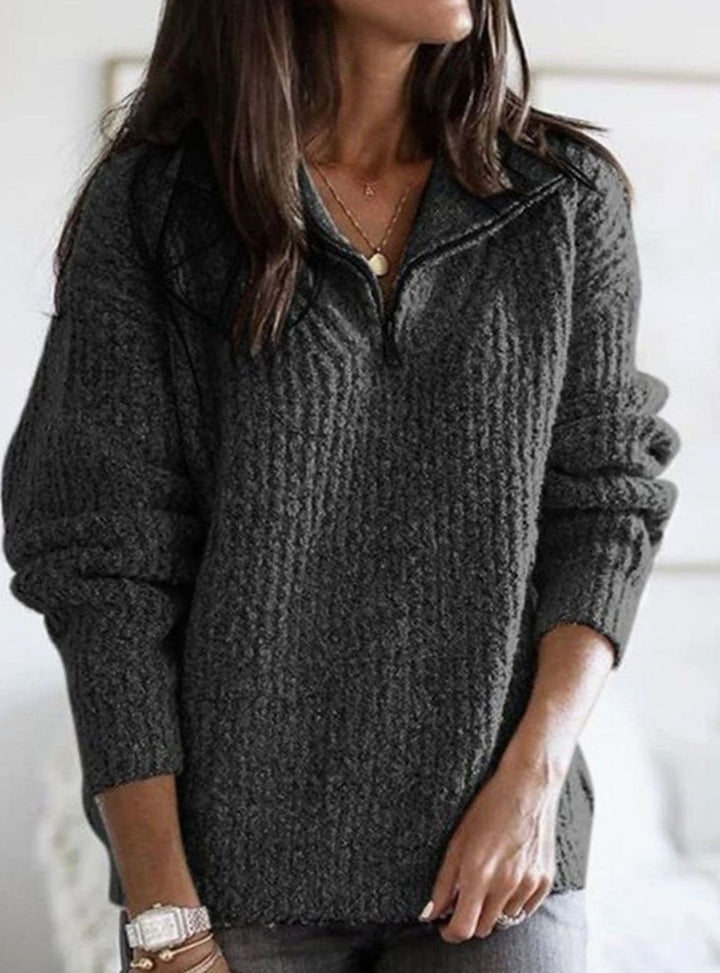 Women's Cable-Knit Quarter-Zip Pullover Ribbed Sweater - Dark Grey