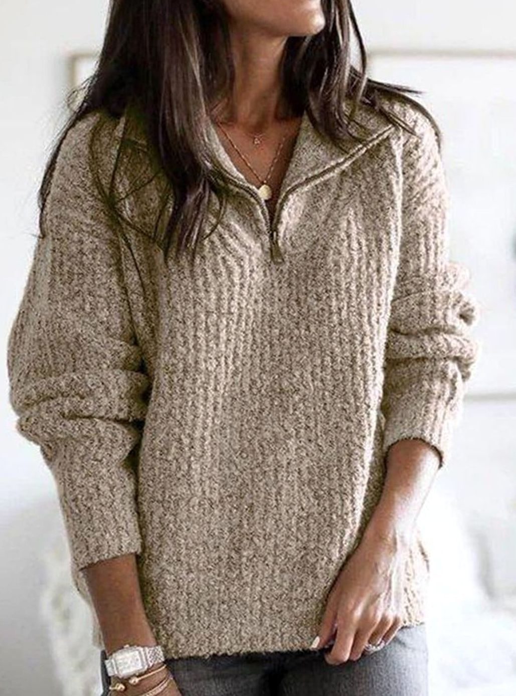 Women's Cable-Knit Quarter-Zip Pullover Ribbed Sweater - Khaki