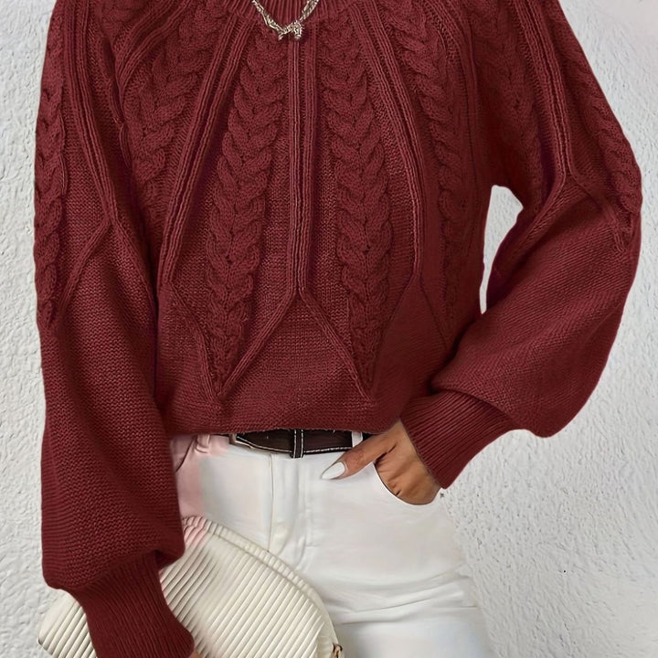 Women's Cable-Knit Raglan-Sleeve Round-Neck Sweater - Burgundy