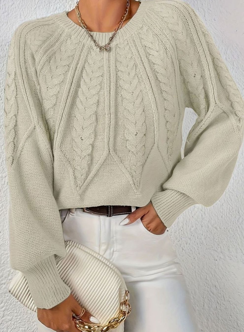 Women's Cable-Knit Raglan-Sleeve Round-Neck Sweater