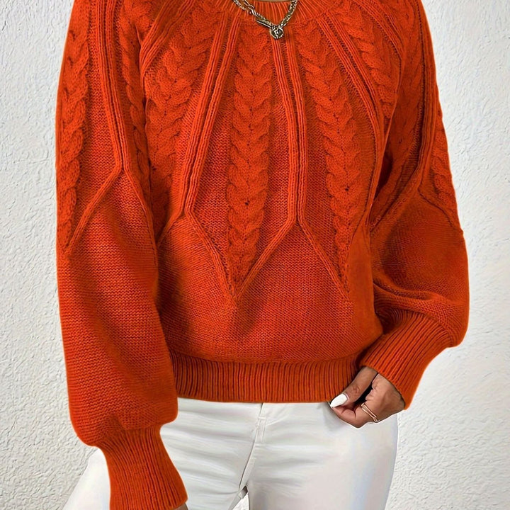 Women's Cable-Knit Raglan-Sleeve Round-Neck Sweater - Orange Red