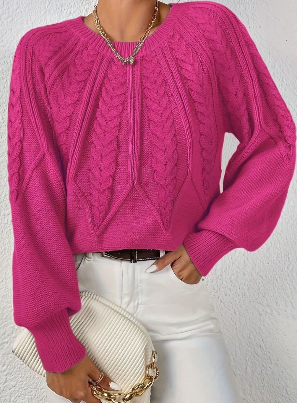 Women's Cable-Knit Raglan-Sleeve Round-Neck Sweater