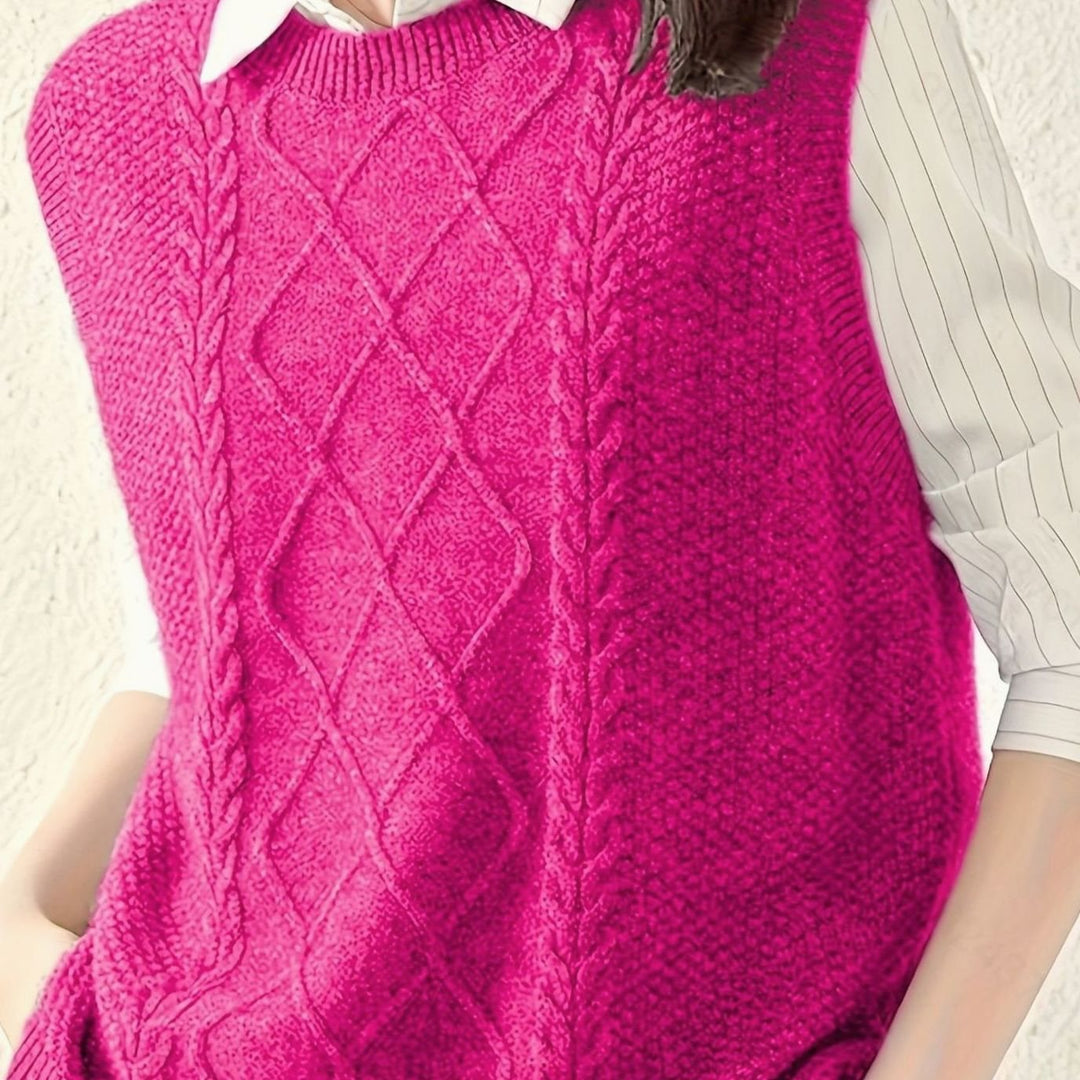 Women's Cable-Knit Sleeveless Sweater Vest Round Neck - Rose Red