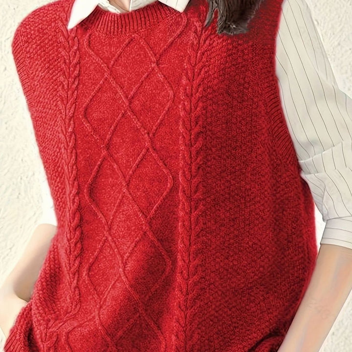Women's Cable-Knit Sleeveless Sweater Vest Round Neck - Red