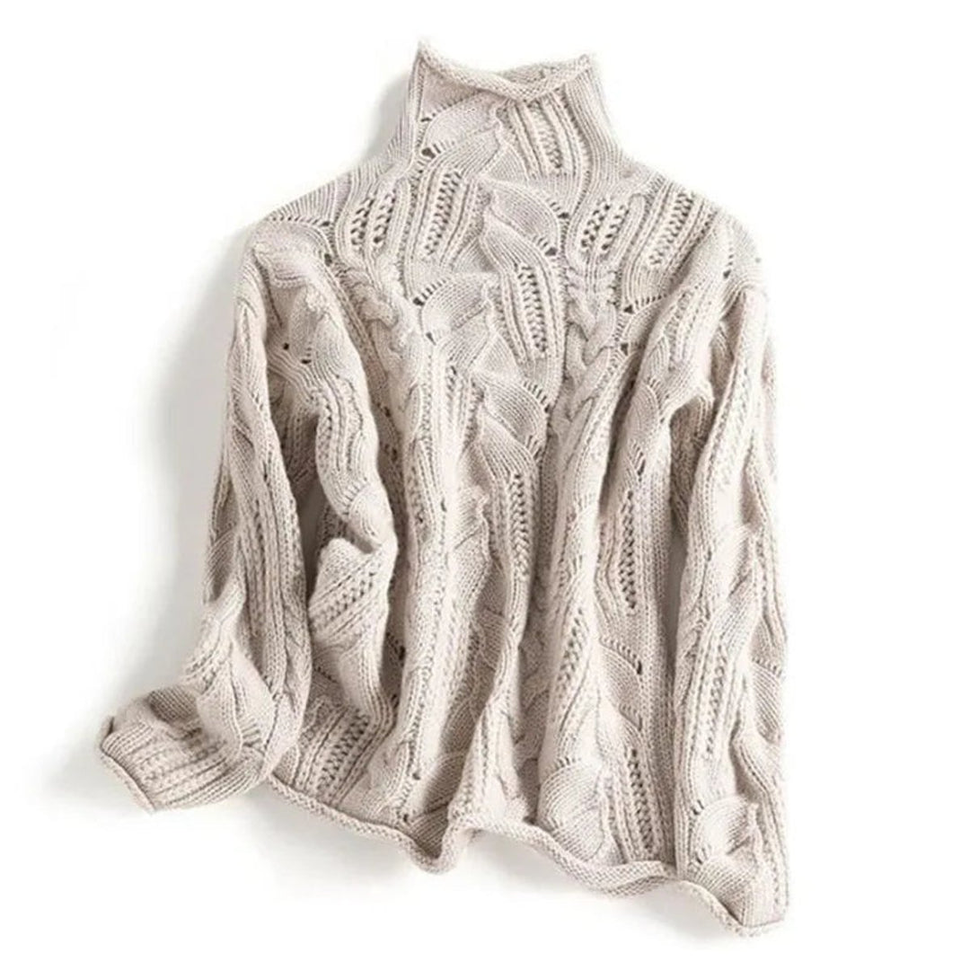 Women's Cable Knit Sweater Turtleneck Loose-Fit Pullover - Beige