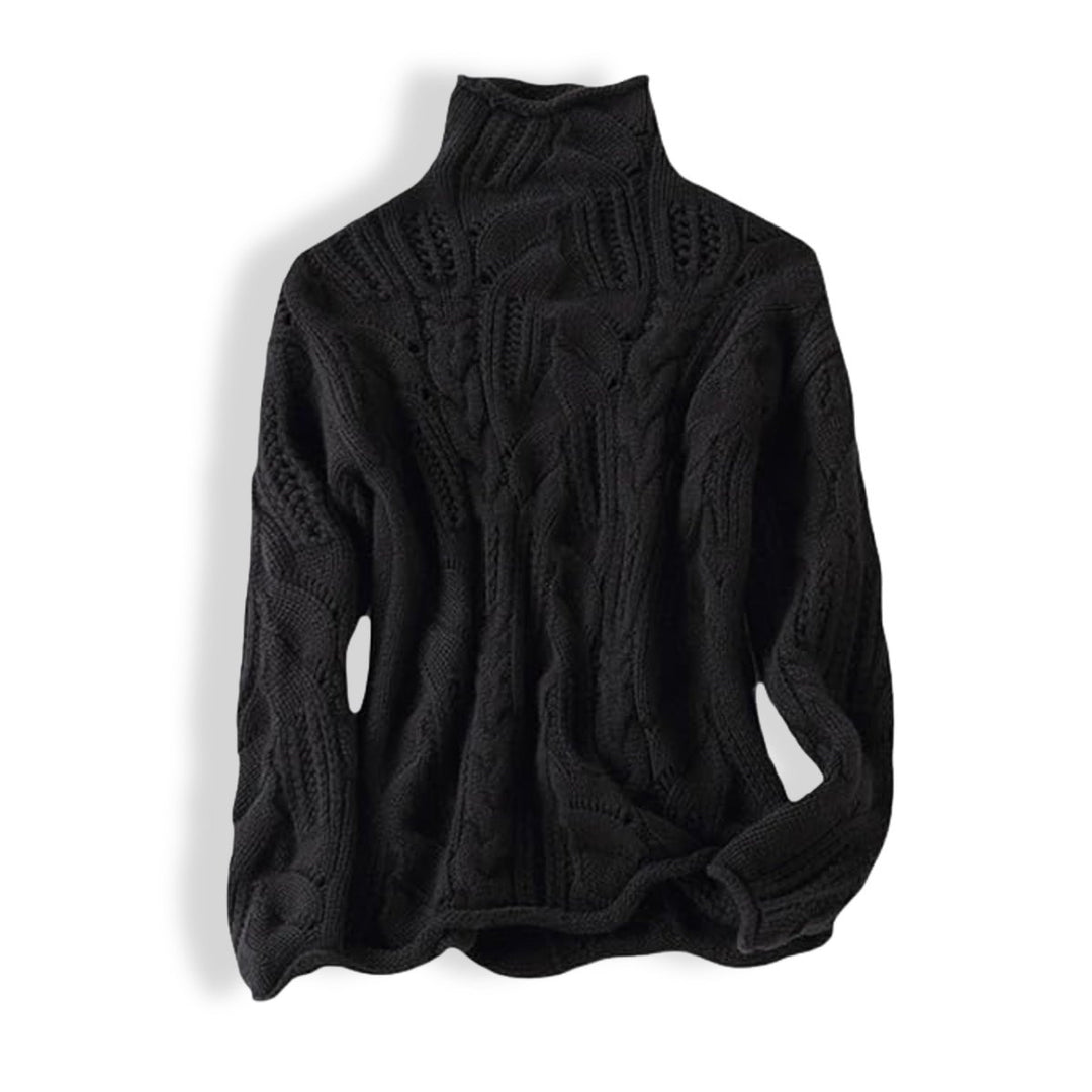 Women's Cable Knit Sweater Turtleneck Loose-Fit Pullover - Black