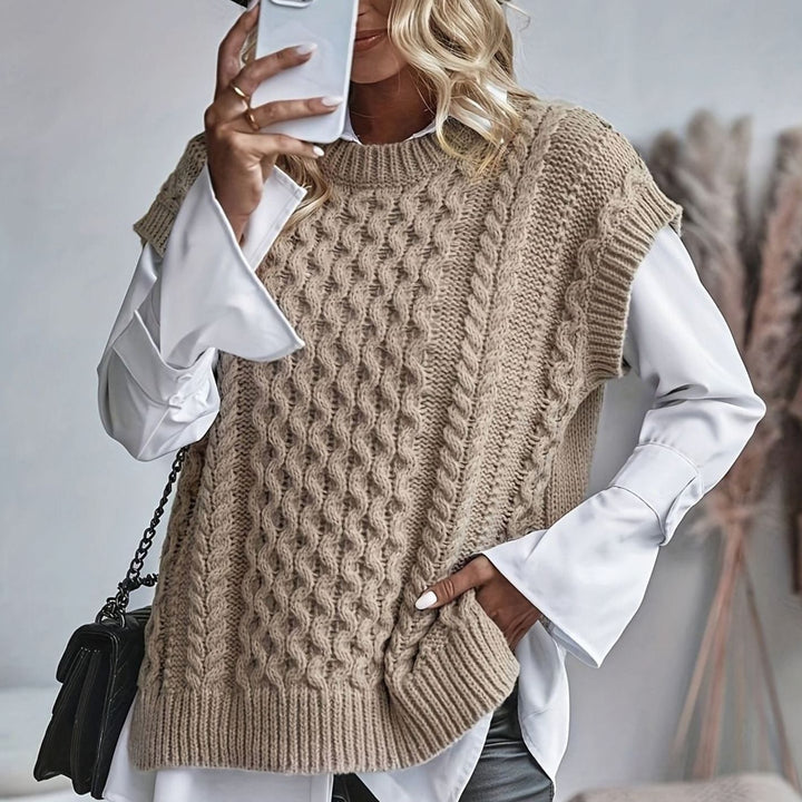 Women's Cable-Knit Sweater Vest Relaxed-Fit Pullover - Khaki