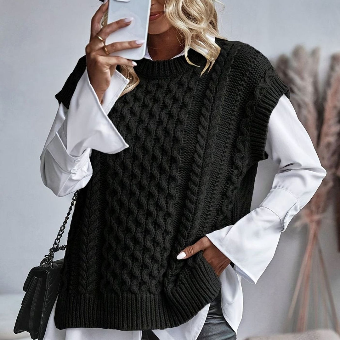 Women's Cable-Knit Sweater Vest Relaxed-Fit Pullover - Black