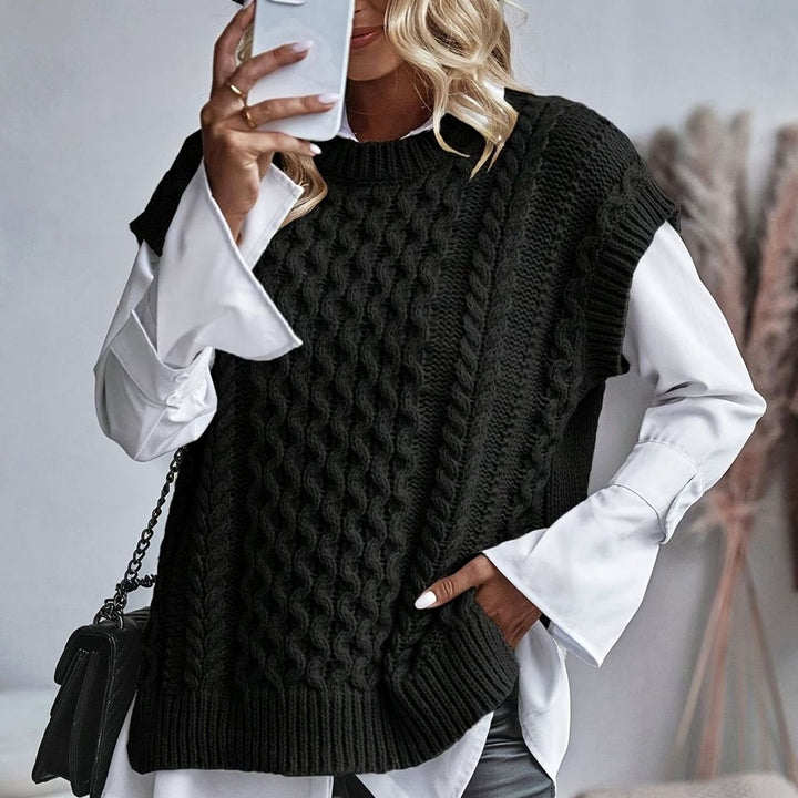 Women's Cable-Knit Sweater Vest Relaxed-Fit Pullover - Black