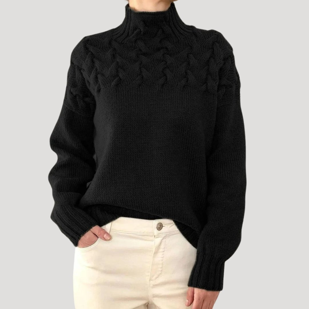 Women's Cable Knit Turtleneck Pullover Sweater - Black
