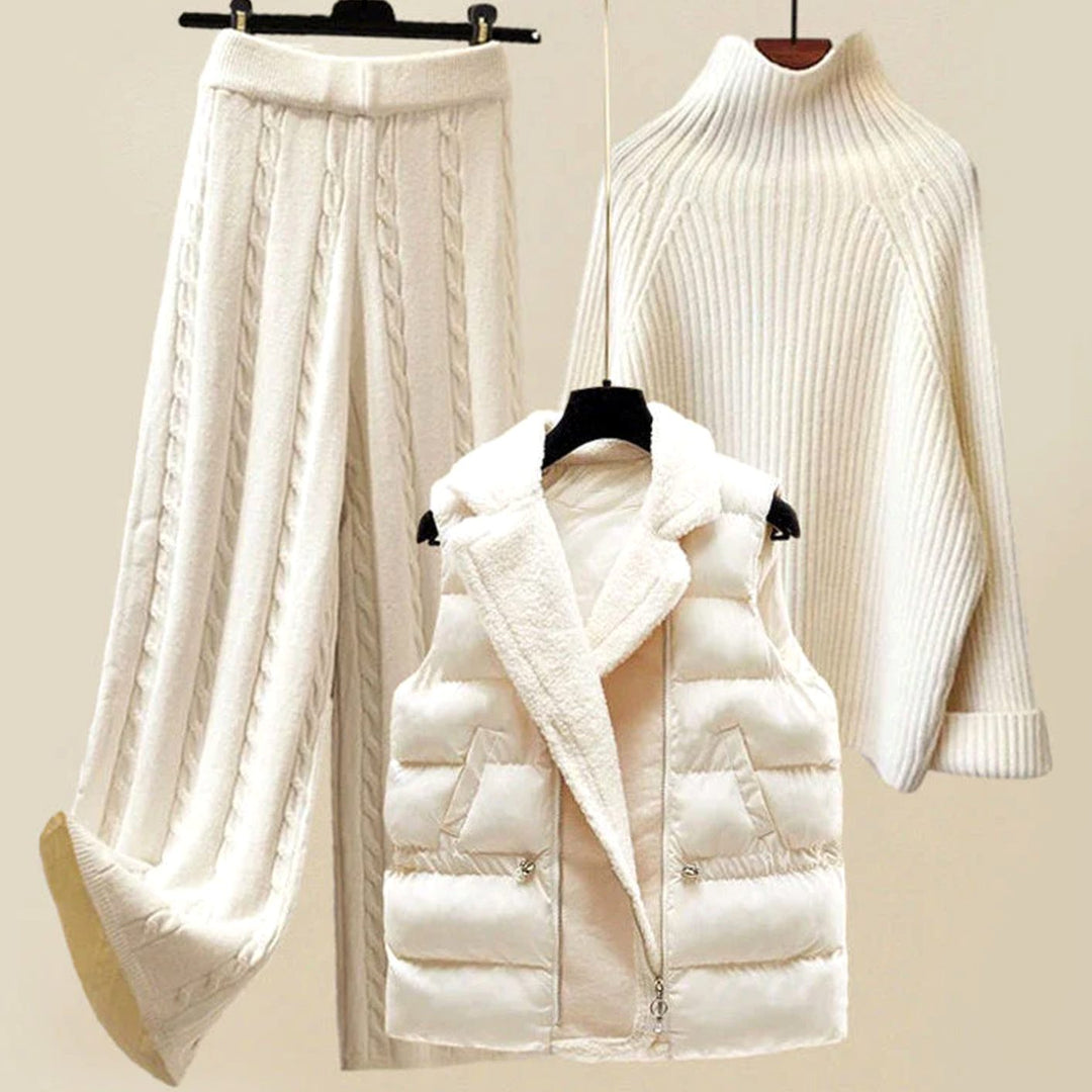 Women's Cable-Knit Turtleneck Quilted Vest Wide-Leg Three-Piece Loungewear Set - White