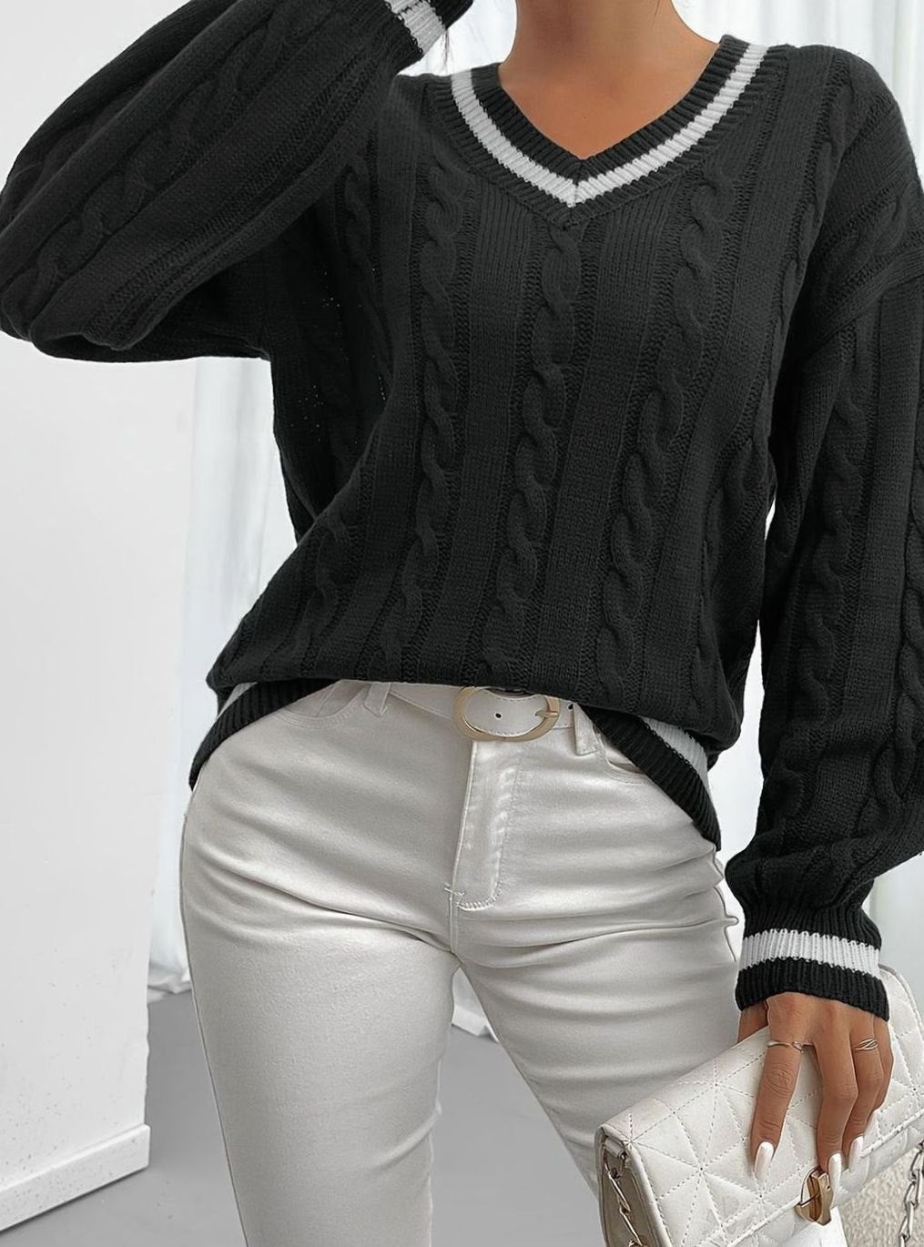 Women's Cable-Knit V-Neck Drop-Shoulder Sweater