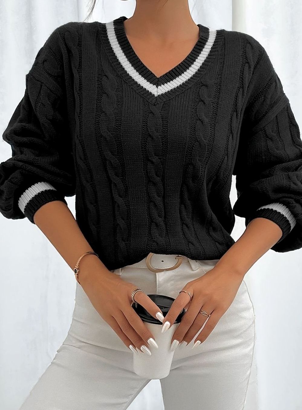 Women's Cable-Knit V-Neck Drop-Shoulder Sweater