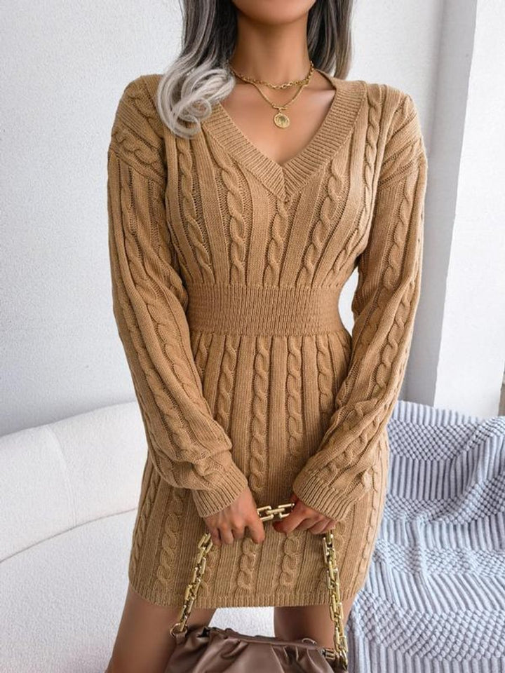 Women's Cable-Knit V-Neck Long Sleeve Sweater Formal Dresses - Khaki
