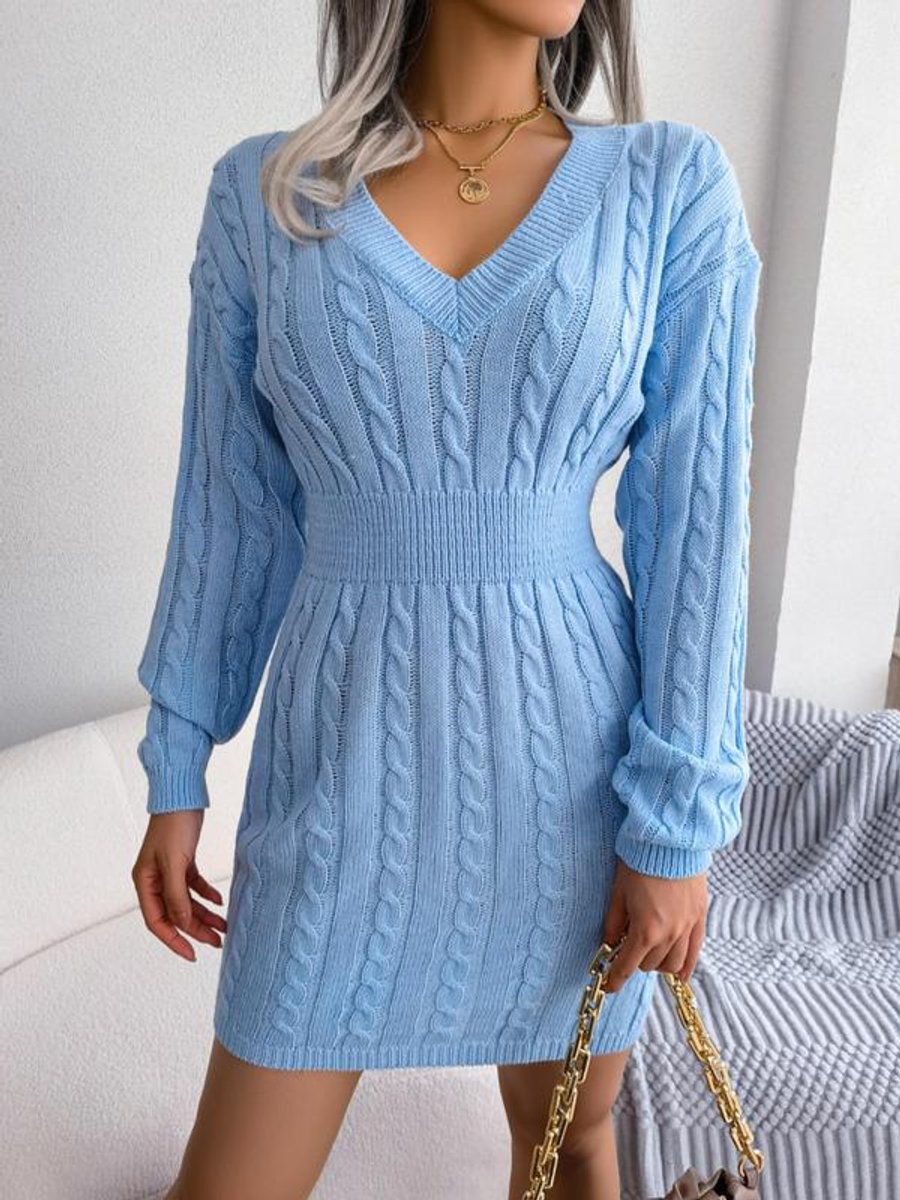 Women's Cable-Knit V-Neck Long Sleeve Sweater Formal Dresses - Blue
