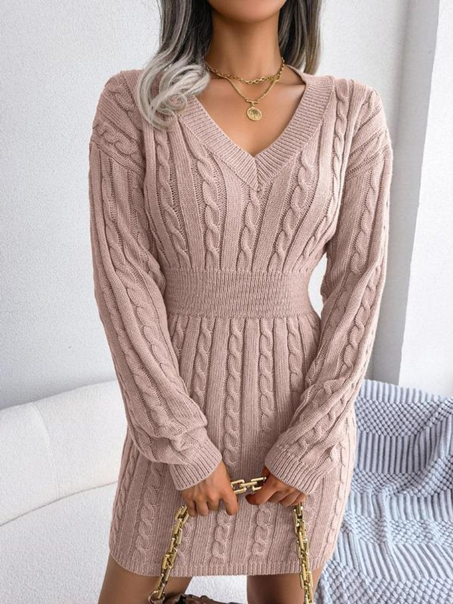Women's Cable-Knit V-Neck Long Sleeve Sweater Formal Dresses - Pink