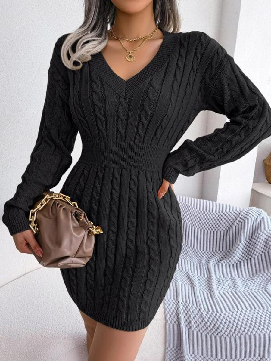 Women's Cable-Knit V-Neck Long Sleeve Sweater Formal Dresses - Black