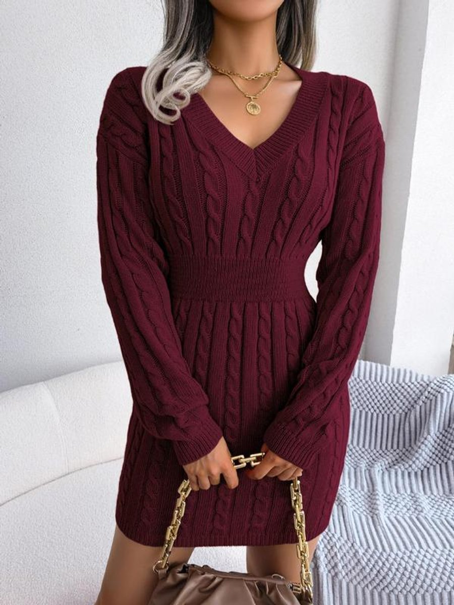 Women's Cable-Knit V-Neck Long Sleeve Sweater Formal Dresses - Burgundy