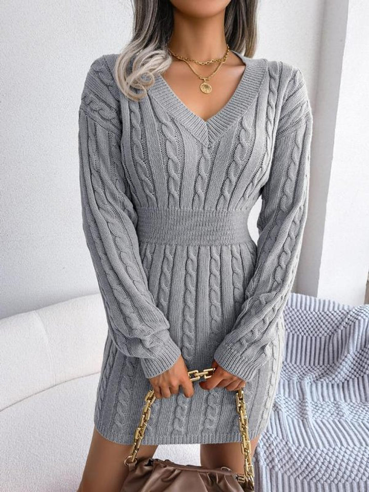 Women's Cable-Knit V-Neck Long Sleeve Sweater Formal Dresses - Grey