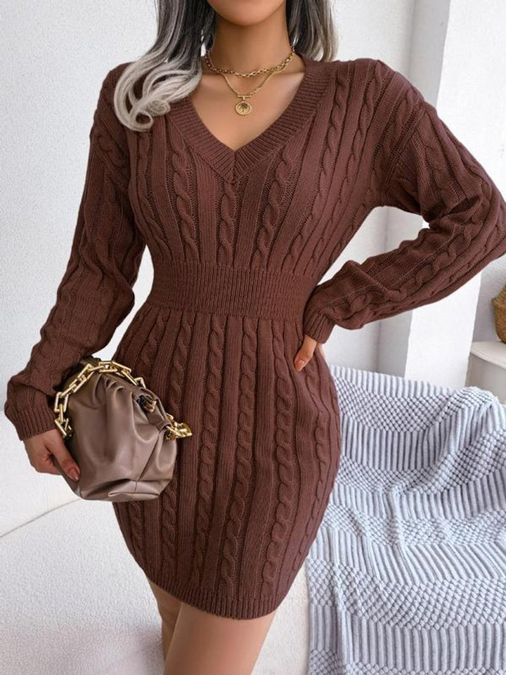 Women's Cable-Knit V-Neck Long Sleeve Sweater Formal Dresses - Coffee Brown