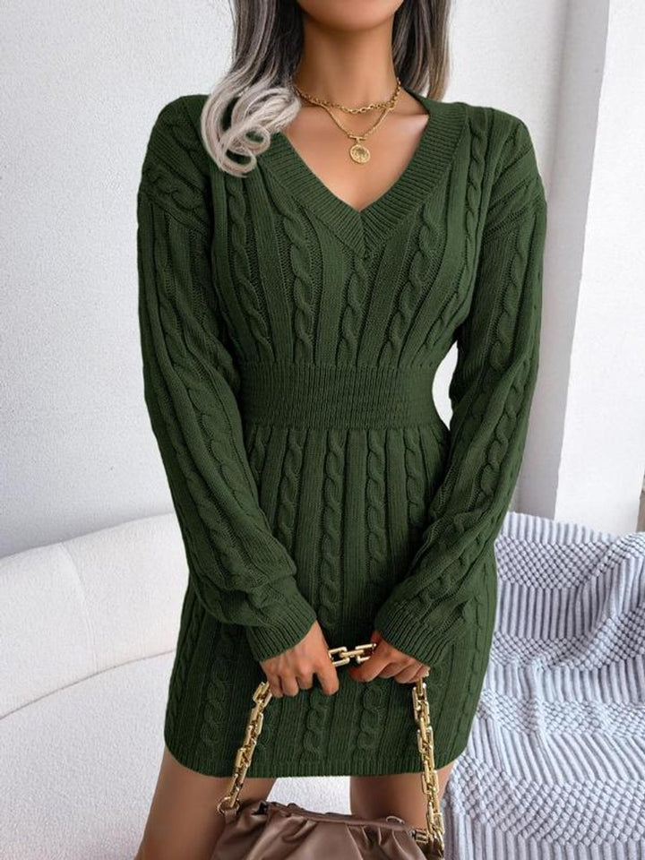 Women's Cable-Knit V-Neck Long Sleeve Sweater Formal Dresses - Army Green