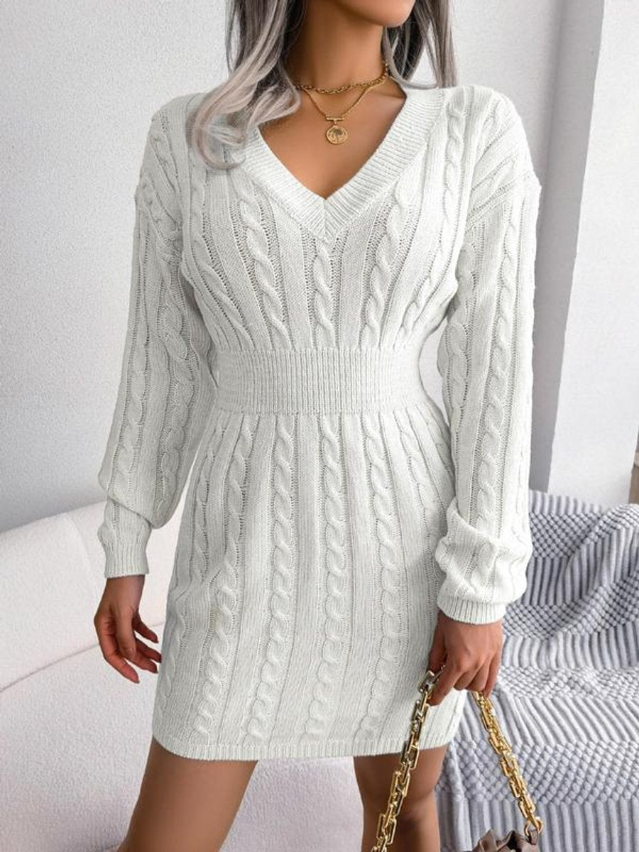 Women's Cable-Knit V-Neck Long Sleeve Sweater Formal Dresses - Off White