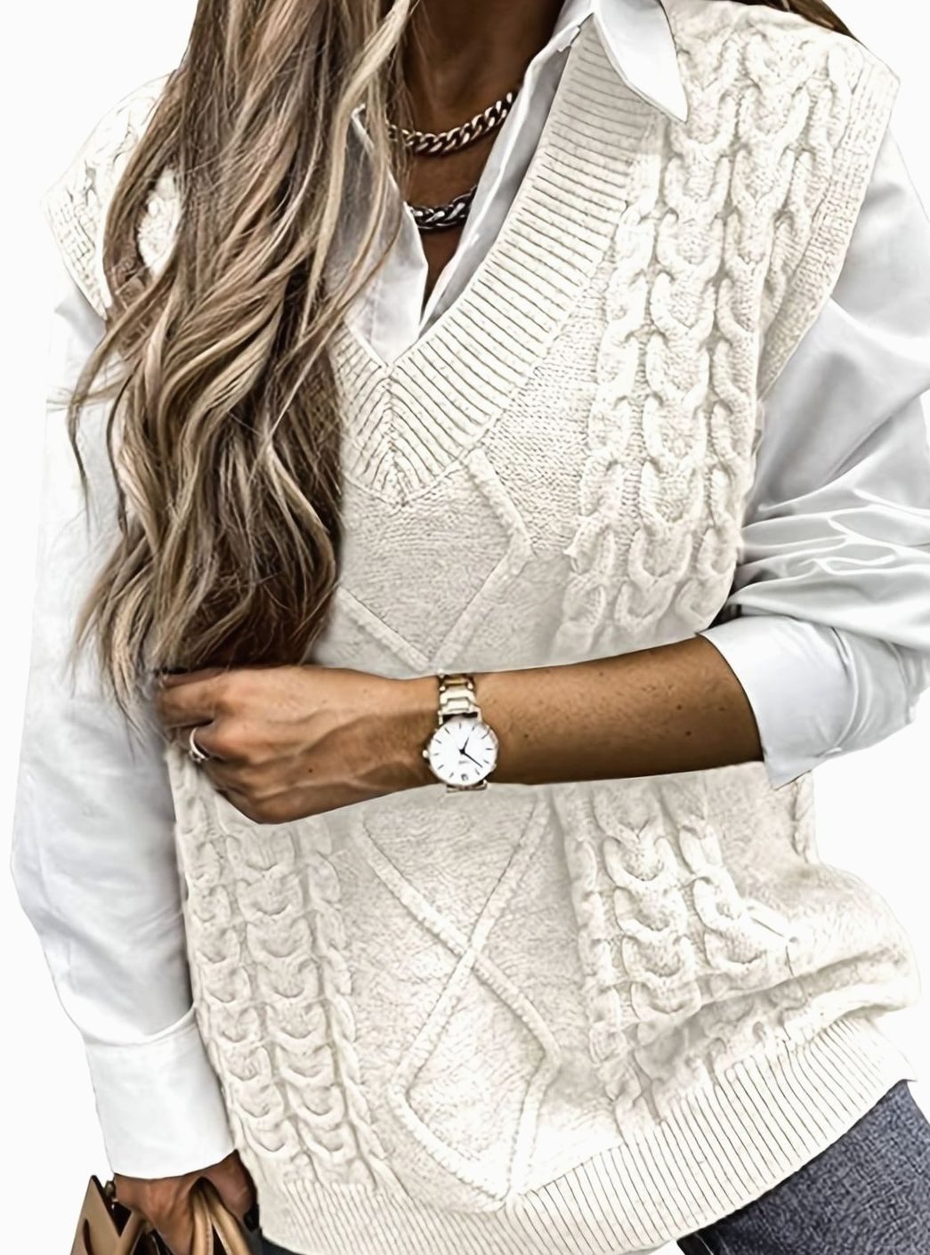 Women's Cable-Knit V-Neck Sweater Vest Relaxed Fit