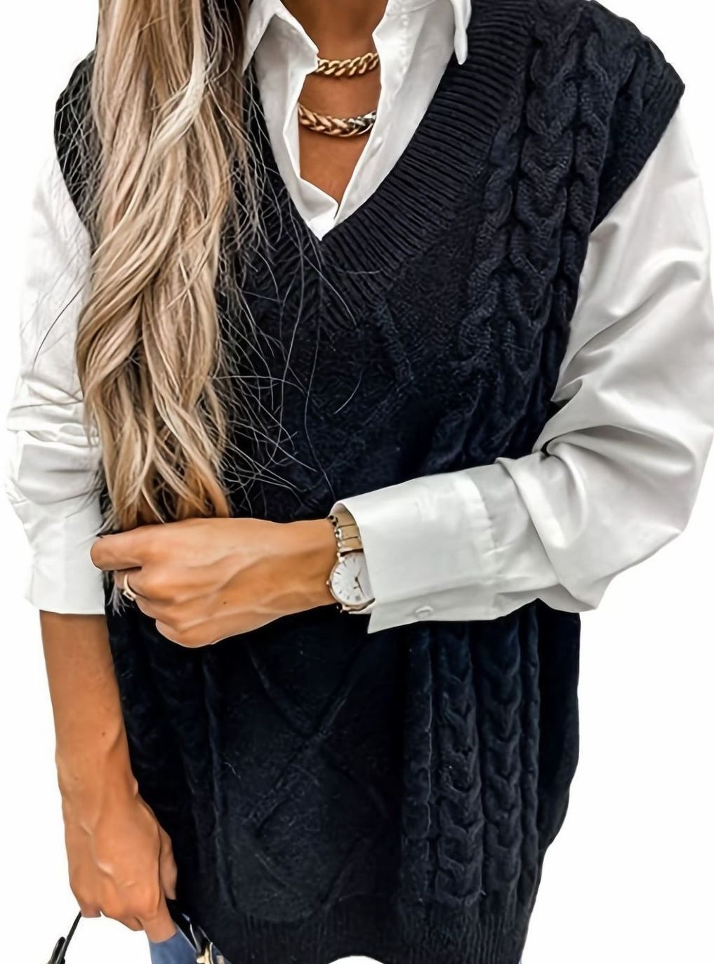 Women's Cable-Knit V-Neck Sweater Vest Relaxed Fit