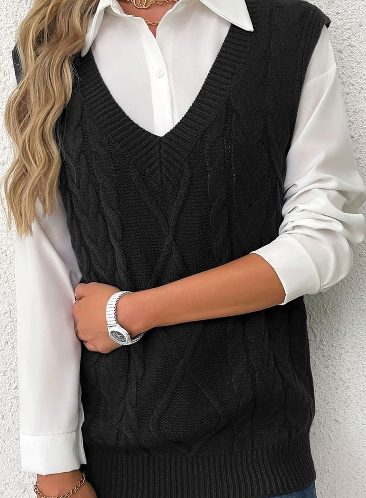 Women's Cable-Knit V-Neck Sweater Vest Relaxed Fit