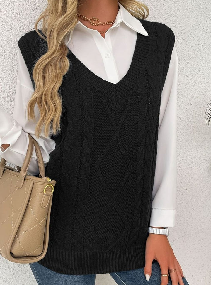 Women's Cable-Knit V-Neck Sweater Vest Relaxed Fit
