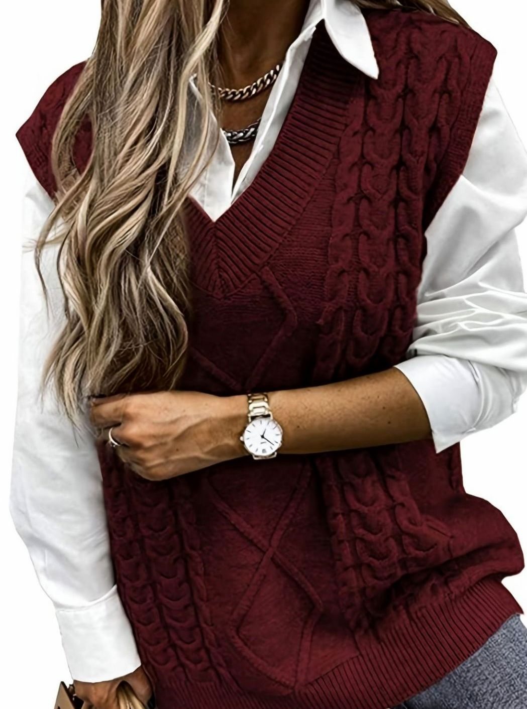 Women's Cable-Knit V-Neck Sweater Vest Relaxed Fit