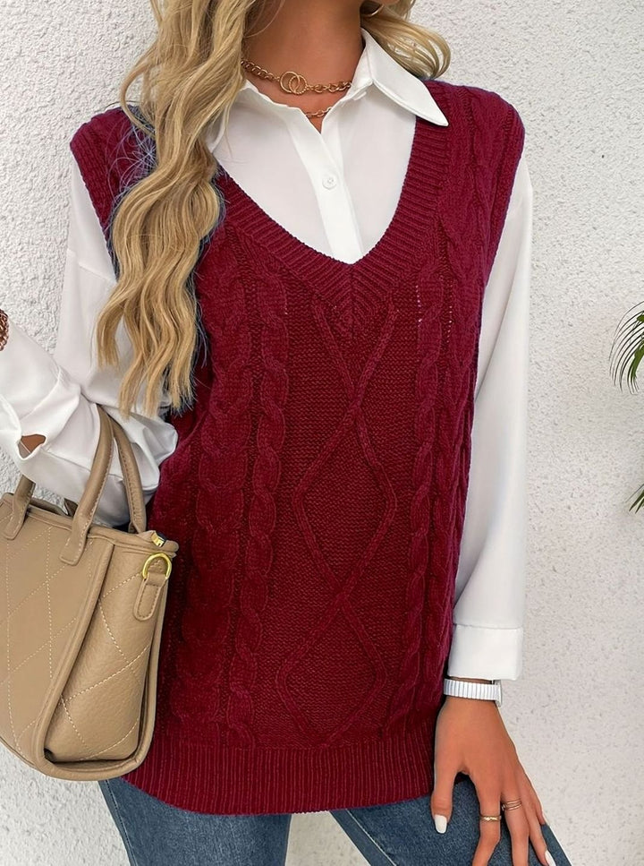 Women's Cable-Knit V-Neck Sweater Vest Relaxed Fit
