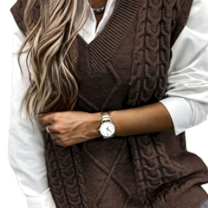 Women's Cable-Knit V-Neck Sweater Vest Relaxed Fit - Coffee Brown