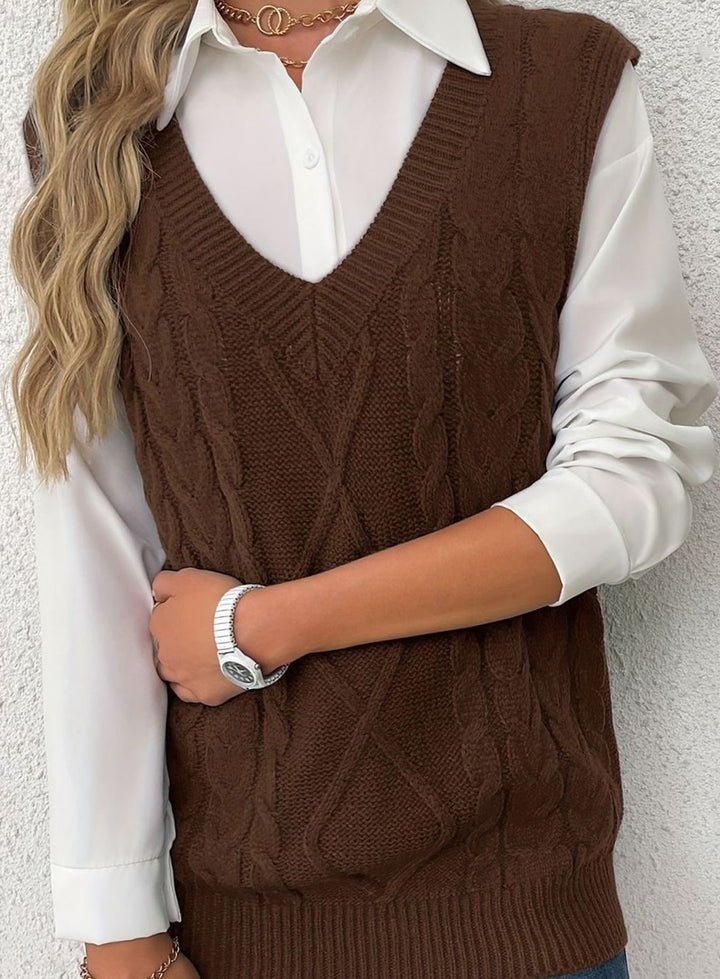 Women's Cable-Knit V-Neck Sweater Vest Relaxed Fit