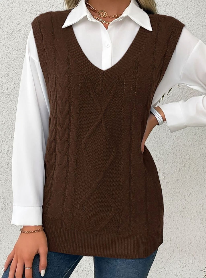 Women's Cable-Knit V-Neck Sweater Vest Relaxed Fit