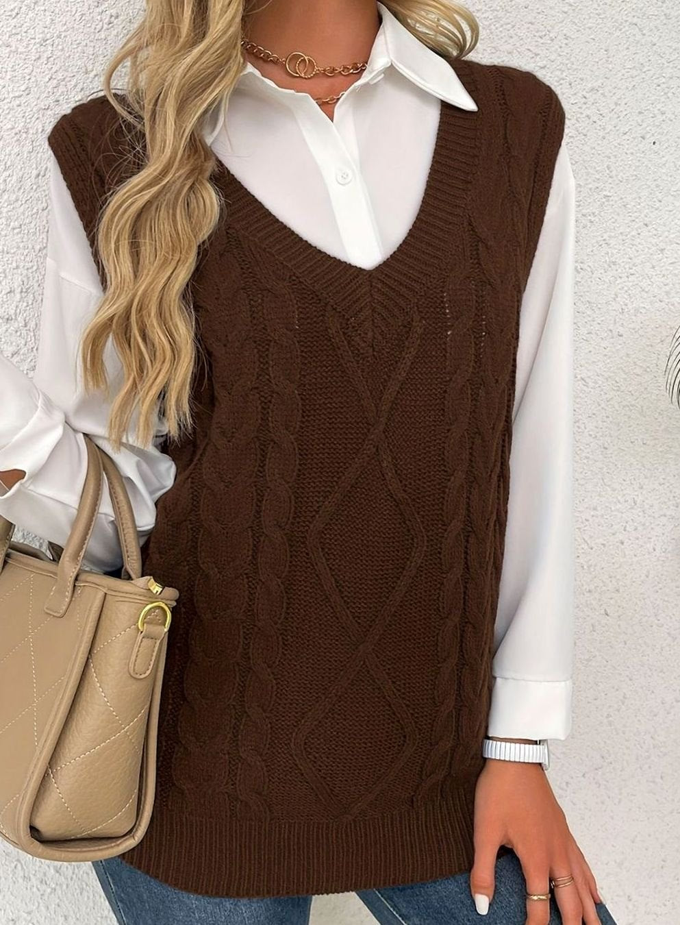 Women's Cable-Knit V-Neck Sweater Vest Relaxed Fit