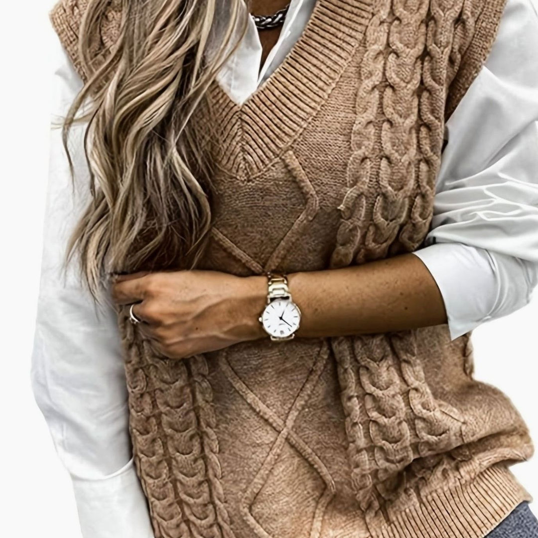 Women's Cable-Knit V-Neck Sweater Vest Relaxed Fit - Khaki