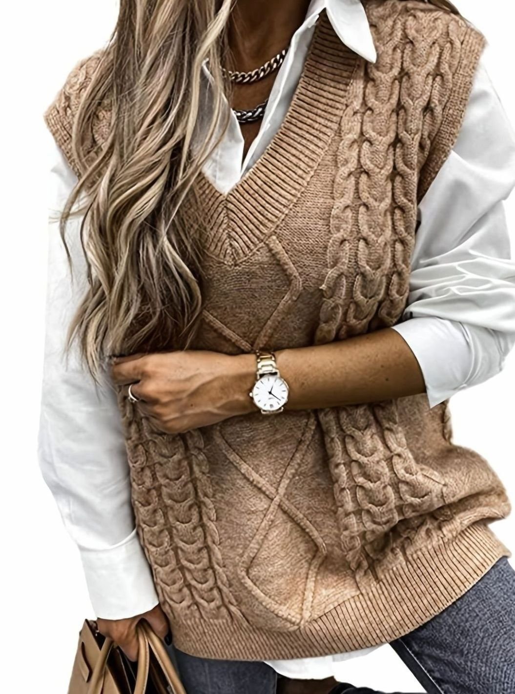 Women's Cable-Knit V-Neck Sweater Vest Relaxed Fit