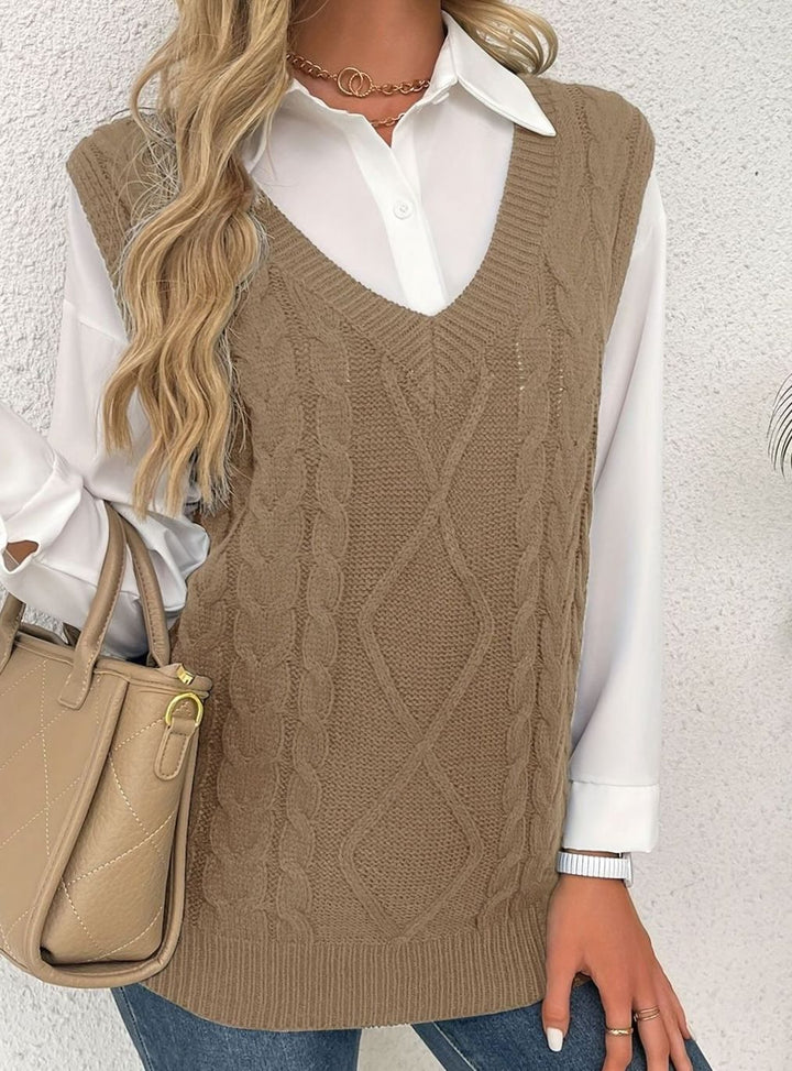 Women's Cable-Knit V-Neck Sweater Vest Relaxed Fit