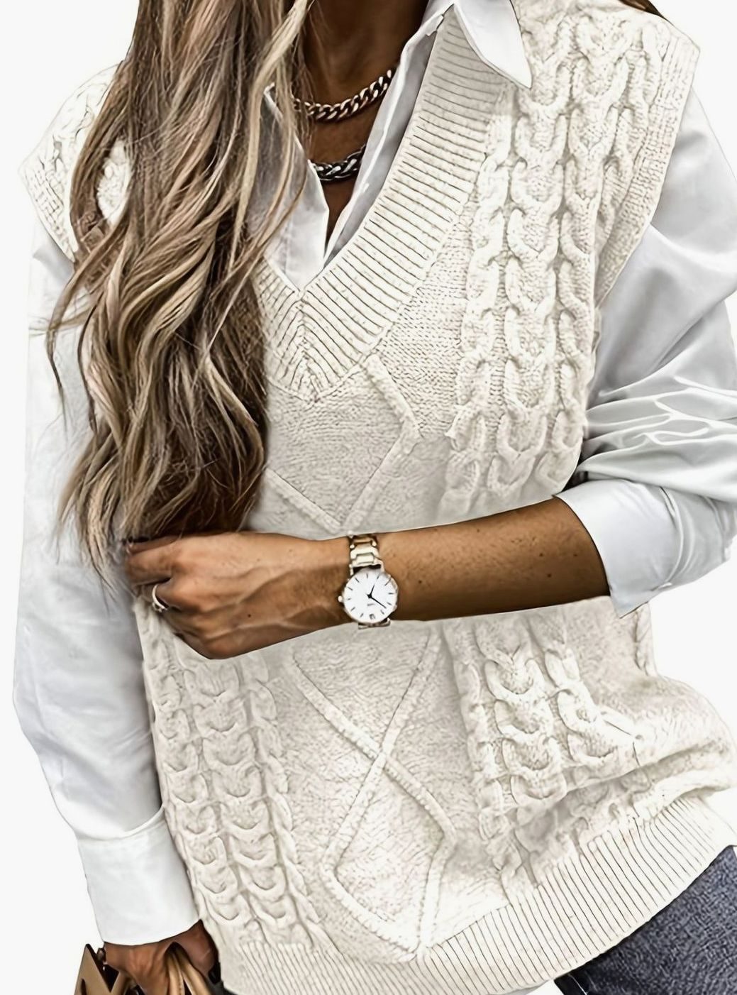Women's Cable-Knit V-Neck Sweater Vest Relaxed Fit