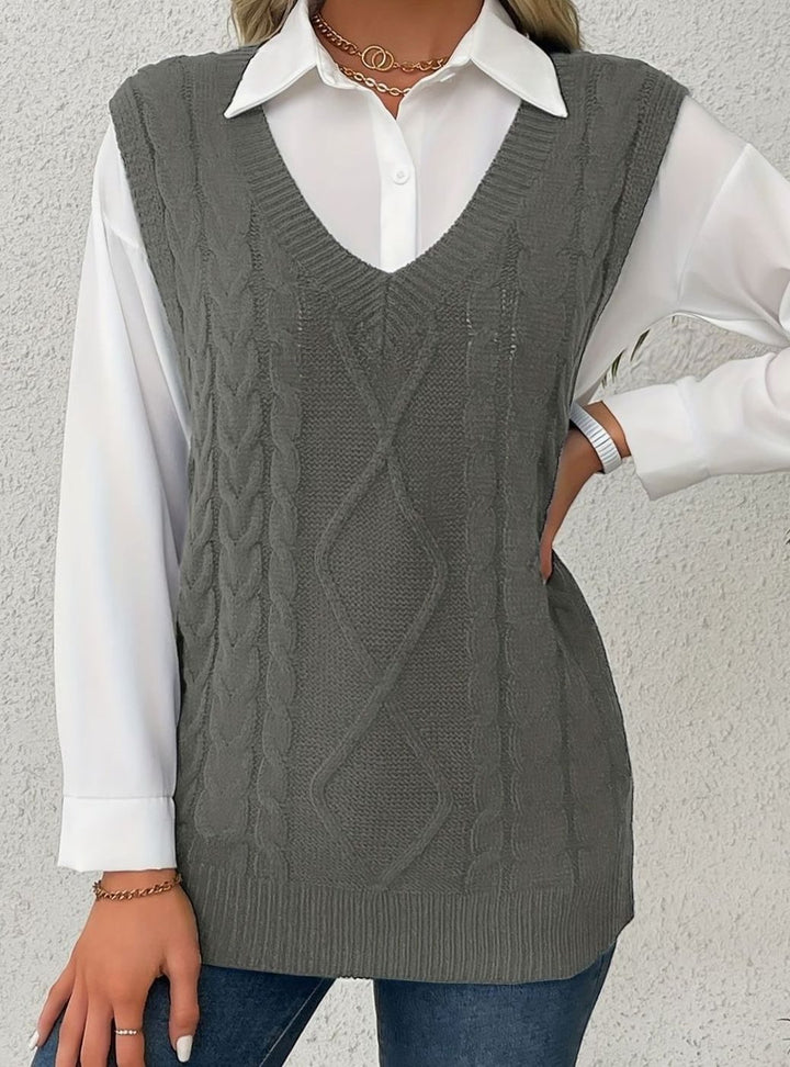 Women's Cable-Knit V-Neck Sweater Vest Relaxed Fit
