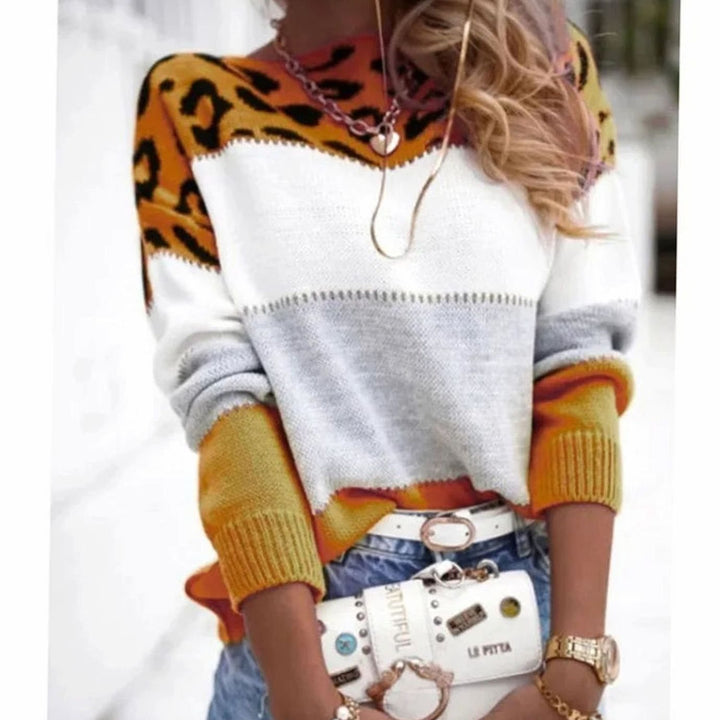 Women's Cashmere Turtleneck Color Block Leopard Print Knit Sweater - Yellow