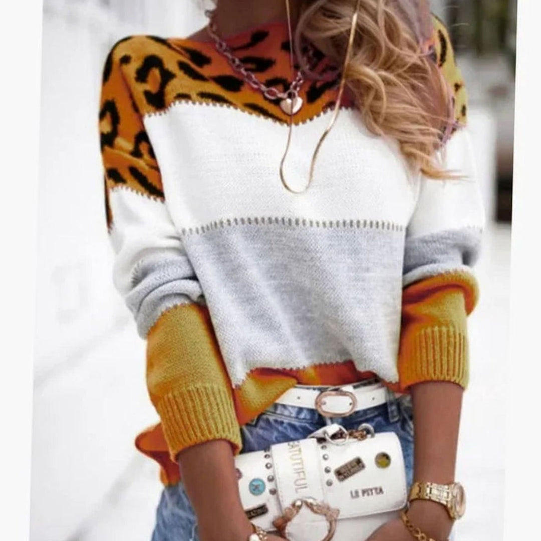 Women's Cashmere Turtleneck Color Block Leopard Print Knit Sweater