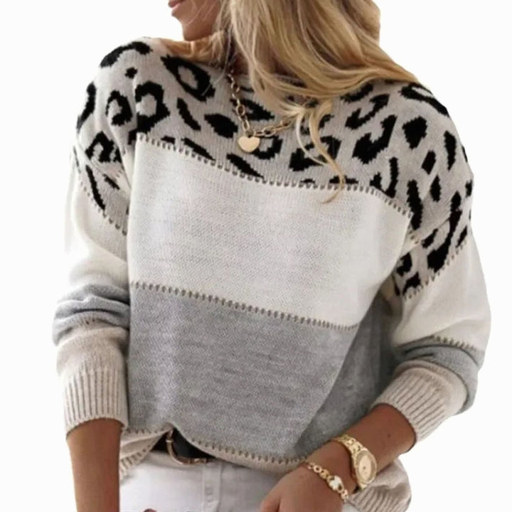 Women's Cashmere Turtleneck Color Block Leopard Print Knit Sweater