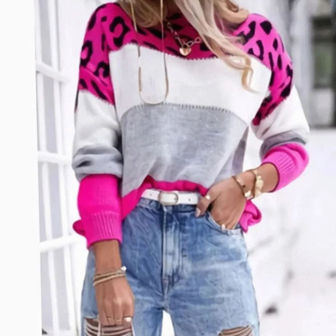 Women's Cashmere Turtleneck Color Block Leopard Print Knit Sweater - Rose Red