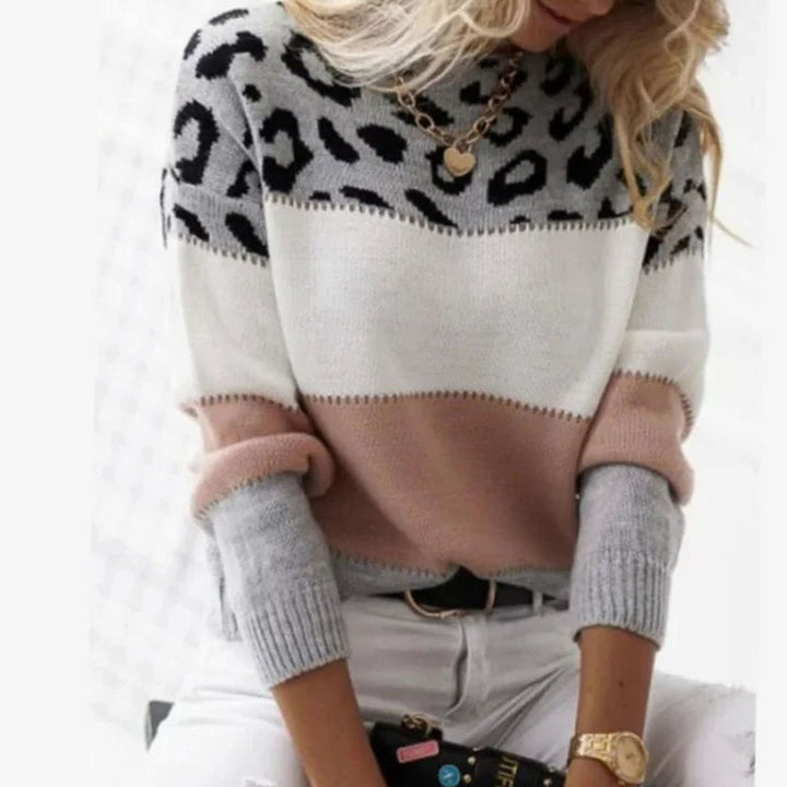 Women's Cashmere Turtleneck Color Block Leopard Print Knit Sweater - Pink